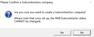 Subcontractors company confimation message pop-up